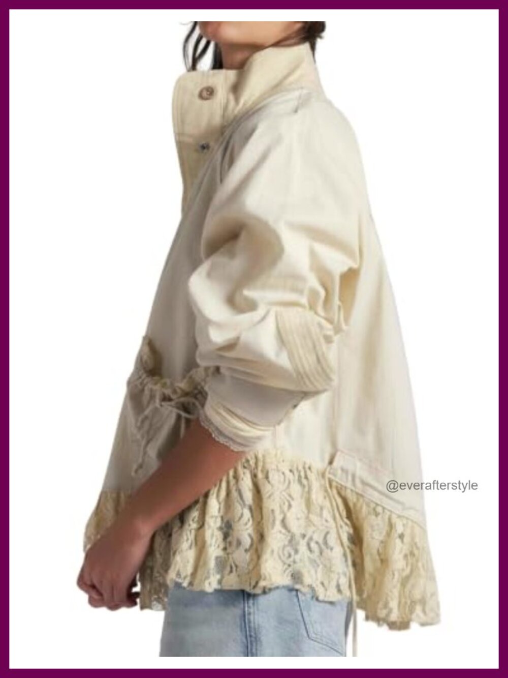 Womens 100% Cotton Lace Trim Utility Jacket Lightweight Funnel Neck Casual Coat